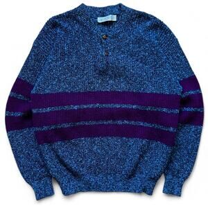 Vintage Jantzen Blue Purple Stripe Thick Knit Sweater Henley USA Made Indie L